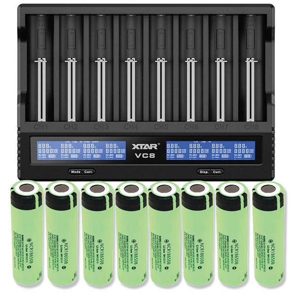 Xtar VC8S Li-ion & NiMH/NiCd batterioplader + 8 stk. Panasonic NCR18650B 3400mAh Li Ion batterier