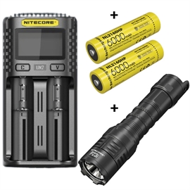 Nitecore UM2 Oplader + Nitecore 21700 NL2160 6000mAh Li Ion Batterier & P23i