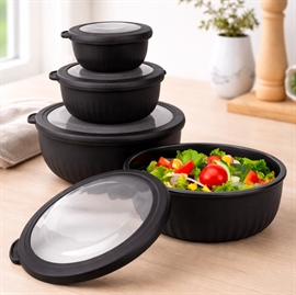 Skålesæt med Låg i Rund Form 4 stk. i Plast, Sort