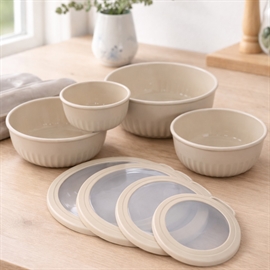 Skålesæt med Låg i Rund Form 4 stk. i Plast, Beige