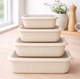 Skålesæt med Låg i Rektangulær Form 4 stk. i Plast, BeigeSkålesæt med Låg i Rektangulær Form 4 stk. i Plast, Beige