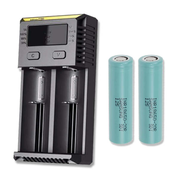 Nitecore NEW I2 oplader + 2 stk. Samsung INR18650-20R 2000mAh Li Ion batterier