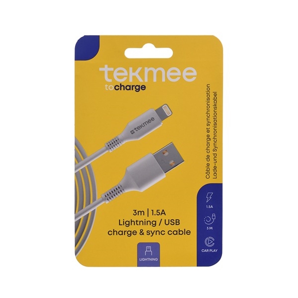 Tekmee 3 meter ladekabel USB til Lightning
