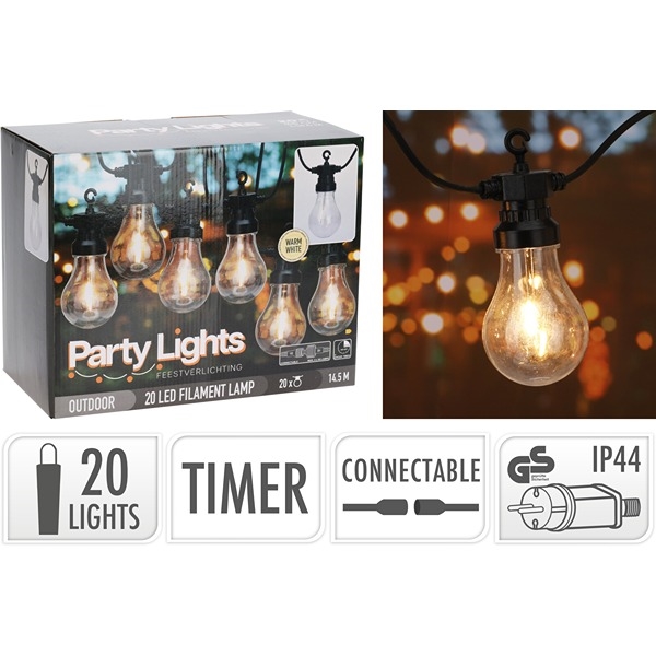 LED Party lyskæde 9,5 m 20 LED pærer, Varm Hvid - Kan forlænges