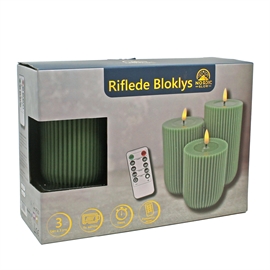 LED Bloklys 3 stk. 10, 12,5 og 15 cm Riflede Vokslys med Resin, Grøn