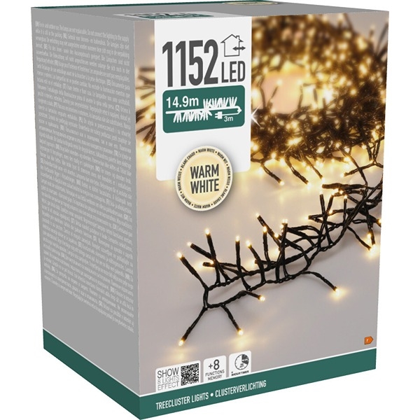 LED Juletræslyskæde 14,9 m – Lyskæde 1152 LED, Varm Hvid  - Model Treecluster
