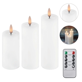 3-Pak LED Bloklys Ø: 5 x H: 10, 12,5 og 15 cm Vokslys med Resin, Hvid