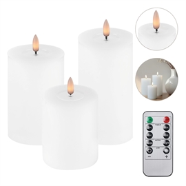3-Pak LED Bloklys Ø: 7,5 x H: 10, 12,5 og 15 cm Vokslys med Resin, Hvid