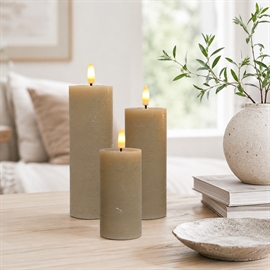 3-Pak LED Bloklys Ø: 5 x H: 10, 12,5 og 15 cm Rustikt Vokslys med Resin, Latte