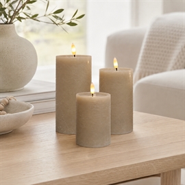3-Pak LED Bloklys Ø: 7,5 x H: 10, 12,5 og 15 cm Rustikt Vokslys med Resin, Latte