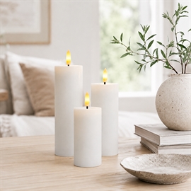 3-Pak LED Bloklys Ø: 5 x H: 10, 12,5 og 15 cm Rustikt Vokslys med Resin, Whisper White