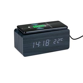 Grundig Vækkeur med Trådløs Lader og Digitalt Display i Sort Træ