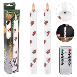 LED Kronelys 25 cm 2 stk. Vokslys med Julehjerter og Timer, Hvid/Rød