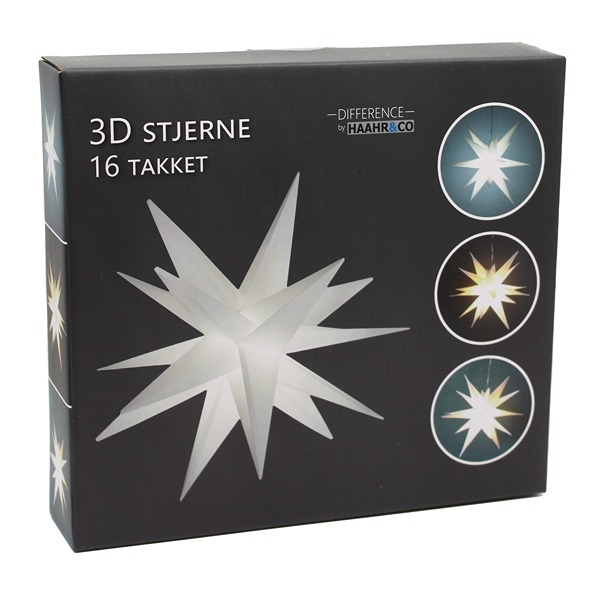 3D LED Julestjerne 35 cm 16 Takket Stjerne med Timer, Hvid