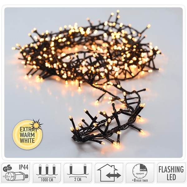 LED Lyskæde 10 m 500 LED med Timer og Blink, Ekstra Varm Hvid