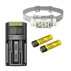 Nitecore HC65 UHE, Grå Pandelampe - Sæt med 1 stk. Ekstra NL1840HP Batteri og UM2 Oplader