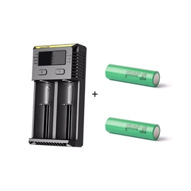 Nitecore NEW I2 Oplader med Samsung INR18650-25R 3,6 volt Li-Ion batteri 2500mAh, 2 stk.