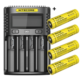 Nitecore UMS4 Oplader + Nitecore 21700 NL2160 6000mAh Li Ion Batterier, 4 stk. 21043 og 20994