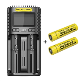 Nitecore UMS2 Oplader + Nitecore 18650 NL1840 4000mAh Li Ion Batterier, 2 stk.