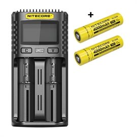 Nitecore UMS2 Oplader + Nitecore 18650 NL1840 4000mAh Li Ion Batterier, 2 stk. 21042 + 20997