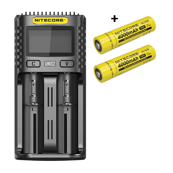 Nitecore UMS2 Oplader + Nitecore 18650 NL1840 4000mAh Li Ion Batterier, 2 stk. 21042 + 20997