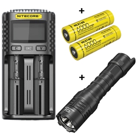 Nitecore UM2 Oplader + Nitecore 21700 NL2160 6000mAh Li Ion Batterier & P23i