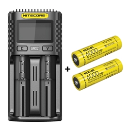Nitecore UMS2 Oplader + Nitecore 21700 NL2160 6000mAh Li Ion Batterier, 2 stk.