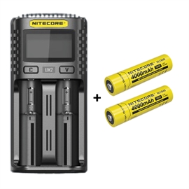 Nitecore UM2 Oplader + Nitecore 18650 NL1840 4000mAh Li Ion Batterier, 2 stk.