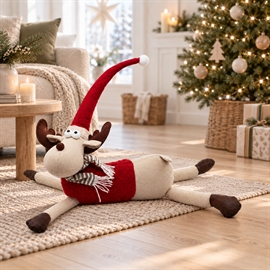 Julerensdyr i Tekstil Liggende Figur med Nissehue L: 58 cm