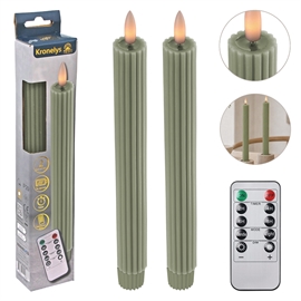 LED Kronelys 25 cm 2 stk. Riflede Vokslys med Resin Top, Sage Grøn