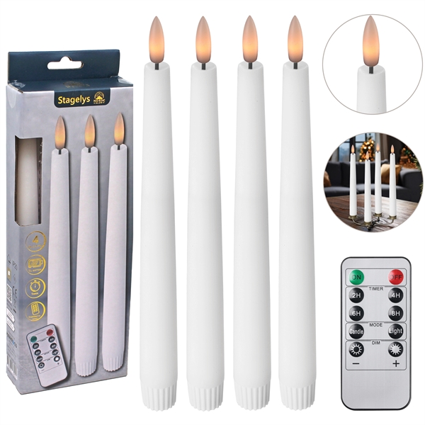 LED Stagelys 4 stk. 24,5 cm Vokslys med 3D-Flamme, Hvid