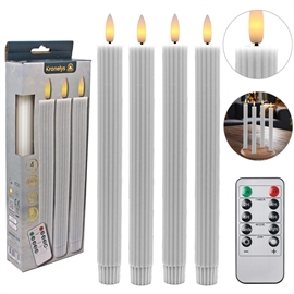 Riflede LED Kronelys med 3D-Flamme 4 stk. Vokslys & Fjernbetjening, Hvid