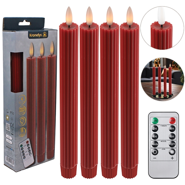 LED Kronelys 25 cm 4 stk. Riflet Vokslys & Fjernbetjening, Rød