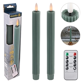 LED Kronelys 25 cm 2 stk. Riflede Vokslys med Resin Top, Laurbærgrøn